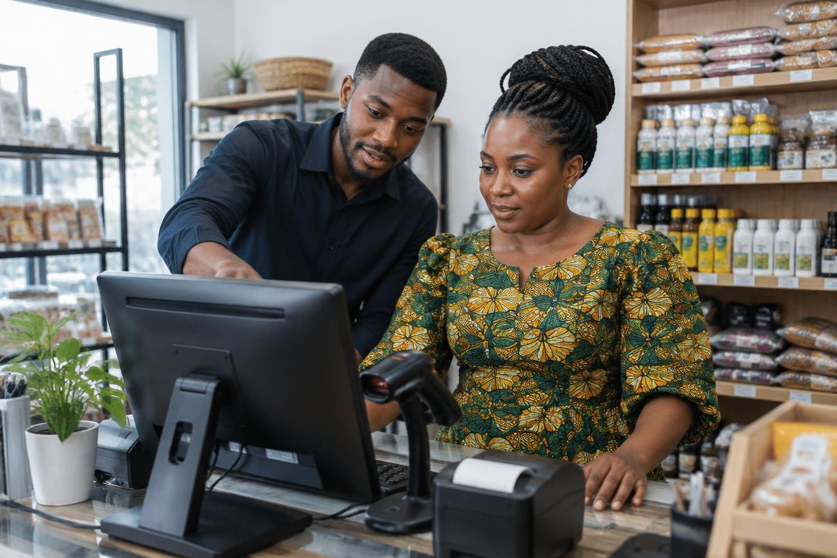 Technology consultant helping a shop owner with her point-of-sale system